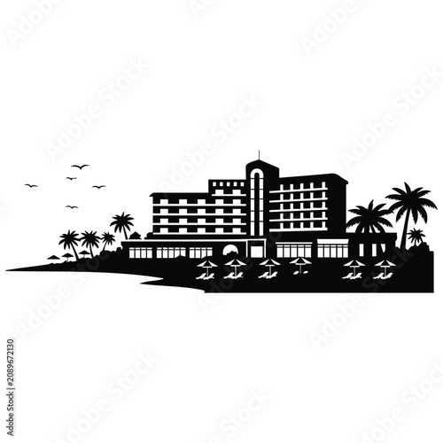 Beach resort silhouette vector illustration. Hotel building, palm trees, sea, vacation, travel destination, architecture.