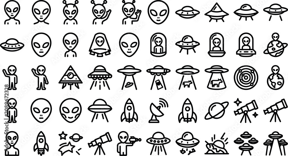 Obraz premium Sci-fi extraterrestrial alien and UFO spaceship line icon set featuring flying saucers cosmic astronomy exploration and retro space vector symbols