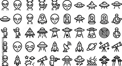 Bild auf Leinwand Sci-fi extraterrestrial alien and UFO spaceship line icon set featuring flying s