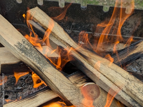 Photography Small flames flicker in the embers of a campfire