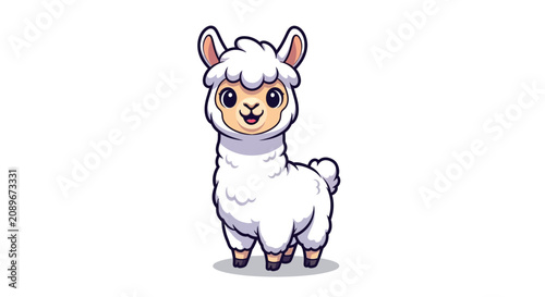Adorable cartoon alpaca standing and smiling happily, featuring a charming furry character with a friendly expression, perfect for children's designs