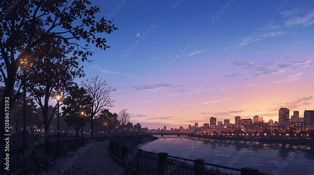 Fototapeta premium 秋の川沿い遊歩道と街明かり シルエット背景イラスト