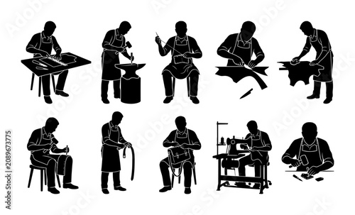 Leather Worker Silhouette Collection Set of Crafting Professional Artisan Poses