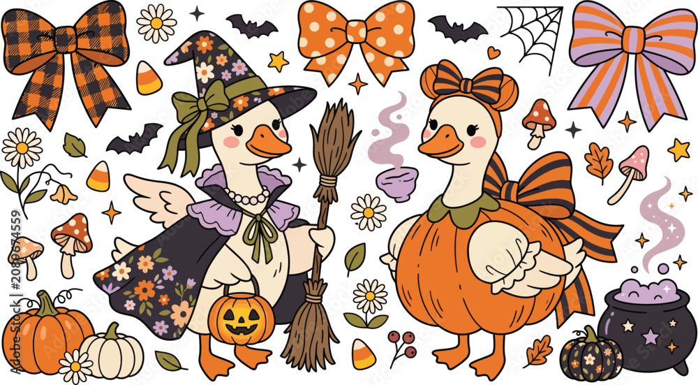 Fototapeta premium Cute watercolor illustration featuring two geese dressed in halloween costumes with pumpkins bats bows and a magic cauldron on white background