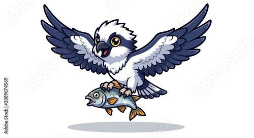 Cute Cartoon Osprey Bird Flying While Carrying a Fresh Fish Catch Vector Illustration