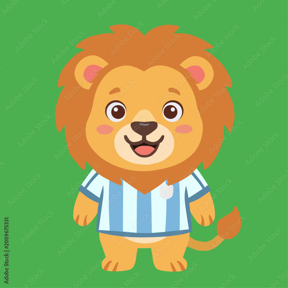 Fototapeta premium Cute lion character with striped sports jersey in flat cartoon illustration style for kids book or team mascot
