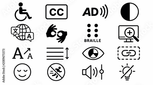 Collection of accessibility icons representing various features for inclusive user interfaces and.