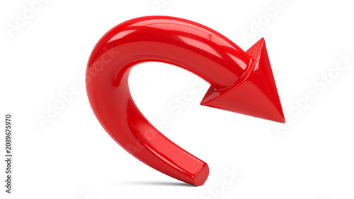 Glossy red arrow symbol curving to the isolated on png transparent background