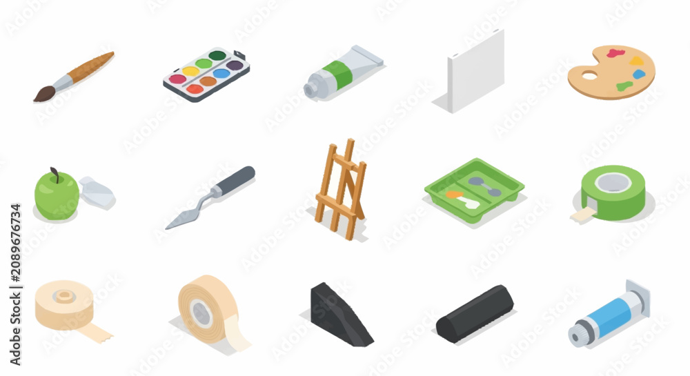 Obraz premium Flat design icons of various office and art supplies.