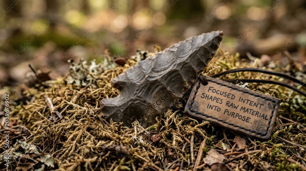 Fototapeta premium Ancient stone arrowhead rests on mossy forest floor
