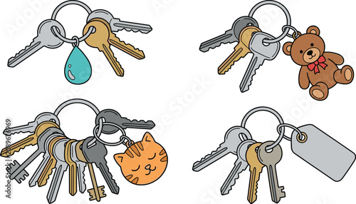 Set of Key Rings with Charms Including Water Drop Teddy Bear Cat and Blank Tag Vector Illustration Collection