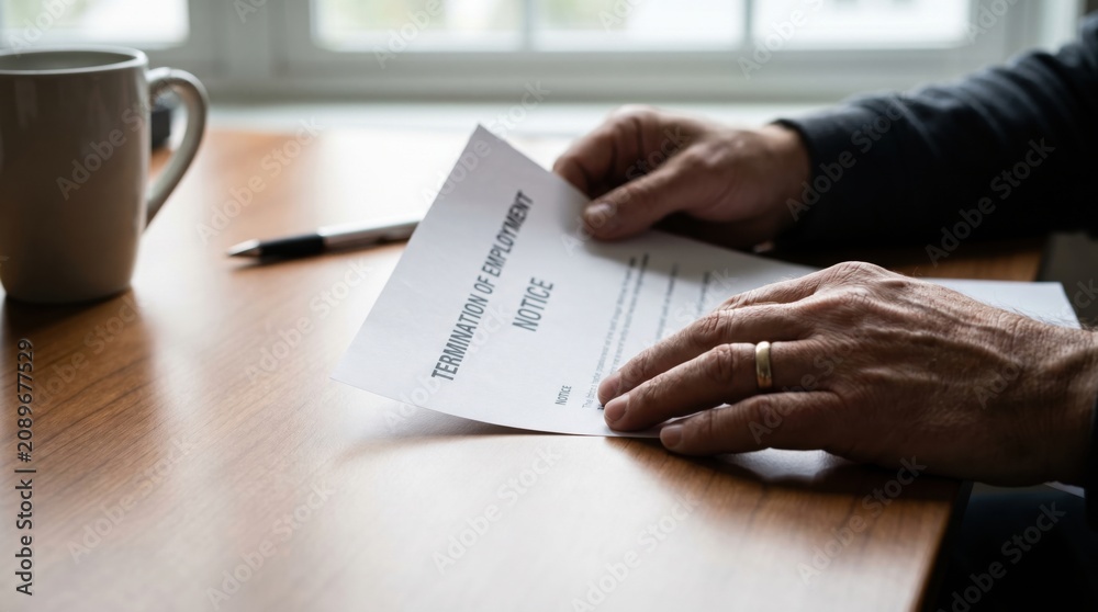 Fototapeta premium A person holding a termination of employment notice while sitting at a wooden table with a coffee mug nearby.