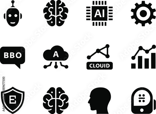 Minimal AI Technology Silhouette Icon Set Artificial Intelligence Tech Vector Pack