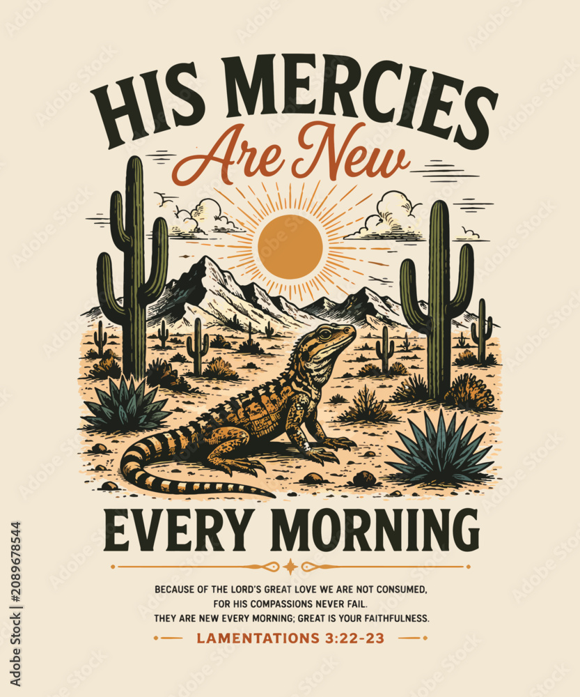 Fototapeta premium His mercies are new every morning religious quote design with a desert lizard and cactus landscape illustration for t-shirt print inspirational wall art poster tshirt design