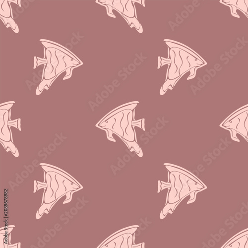 Elegant seamless pattern featuring stylized angelfish illustrations in soft pink on a dusty rose background. Perfect for coastal textiles and summer packaging.