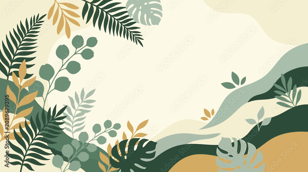 Fototapeta premium Vibrant Tropical Landscape illustration of lush green and yellow foliage with wavy lines