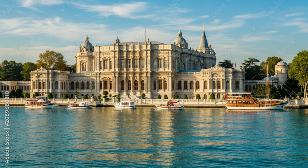 Fototapeta premium Grand Palace building, Istanbul, water, boats, sunny day, historical architecture
