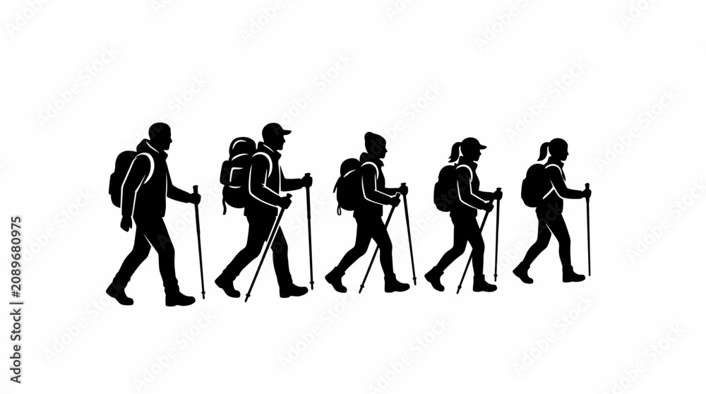 Obraz premium A vector illustration depicting a group of four hikers in silhouette, each carrying a backpack and using trekking poles.
