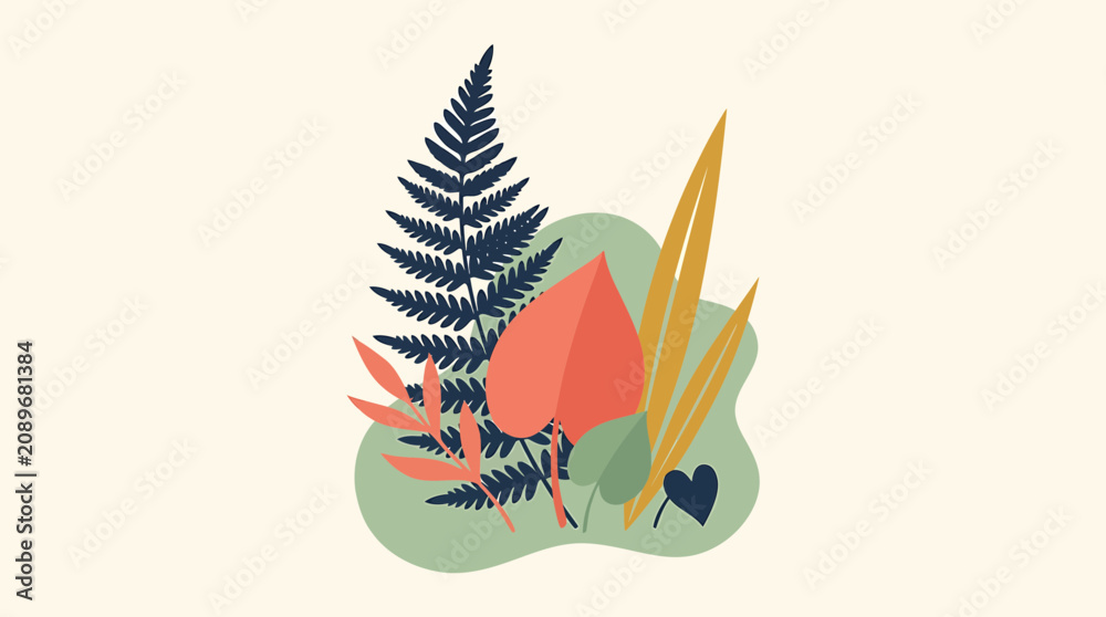 Fototapeta premium A serene minimalist botanical landscape features a lush green plant surrounded by vibrant orange leaves and a tall dark blue fern.