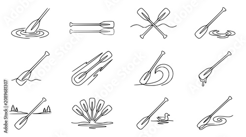 Obraz na płótnie Canoe Paddle Icons: Water Sports, Boating, Kayaking, Line Art Collection