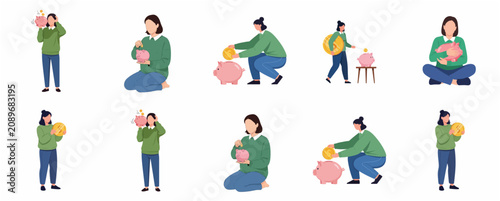 Set of flat character illustrations featuring a woman saving money in a piggy bank, holding gold coins, and managing her personal finances in various poses.