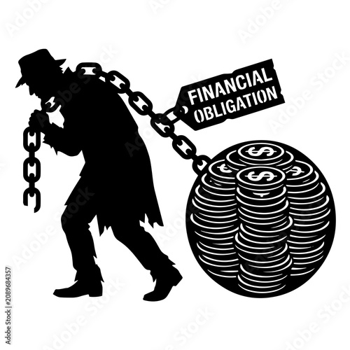 Silhouette of a person carrying a heavy chain attached to a large stack of coins labeled financial obligation on white background