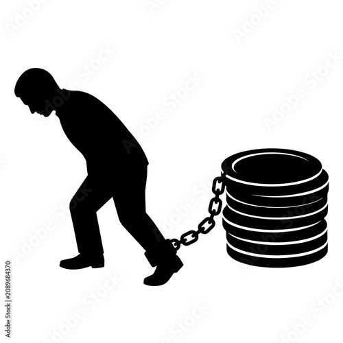 Silhouette of a person dragging a heavy stack of coins connected by a chain representing financial burden or debt on white background