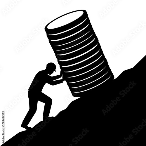 Silhouette of a person pushing a massive stack of coins up a steep hill representing hard work and financial effort on white background