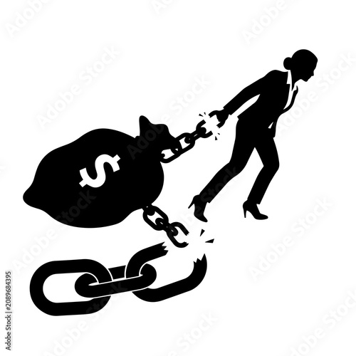 Silhouette of a businesswoman pulling a heavy money bag with a broken chain on a white background, for financial debt, and freedom concept