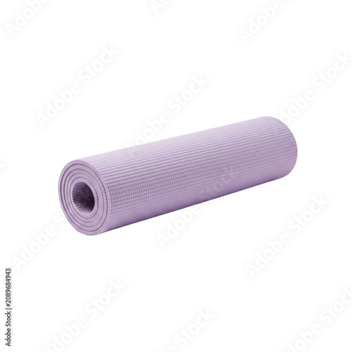 A minimalist rolled lavender yoga mat with a grippy textured surface sits on a transparent studio background under soft lighting zen wellness concept