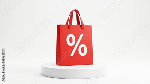 A red shopping bag with a white percentage symbol sits on a white circular platform against a plain background.