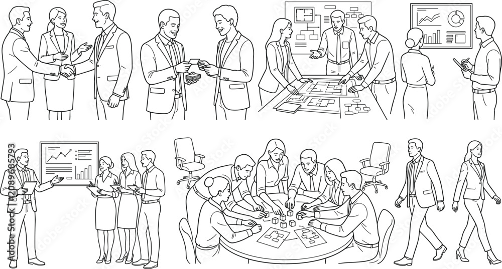 Obraz premium Business Team Collaboration Line Art Vector Set Featuring Meetings Presentations Negotiation Strategy and Corporate Communication