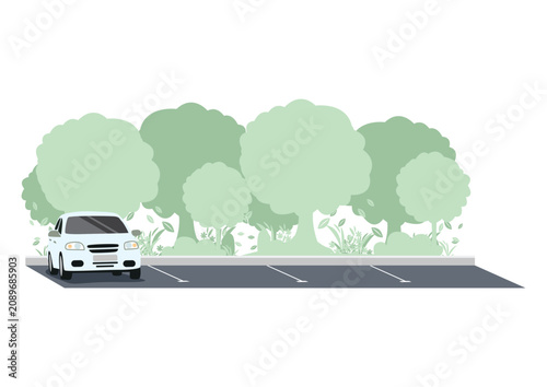 A white car parked in an empty lot. Parking near a house or store. Car rental and sales. Hand-drawn vector illustration.