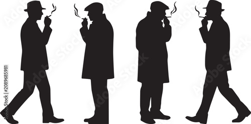 Black silhouette people smoking cigarettes, walking and standing poses, smoking habit concept, addiction awareness theme, lifestyle vector illustration isolated on white background