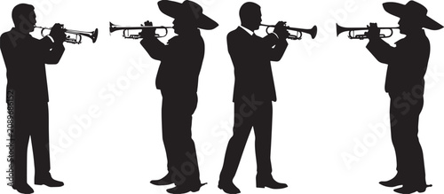 Black silhouette trumpet musicians performing musical band concert, elegant brass instrument players isolated on white background vector illustration design for celebration events