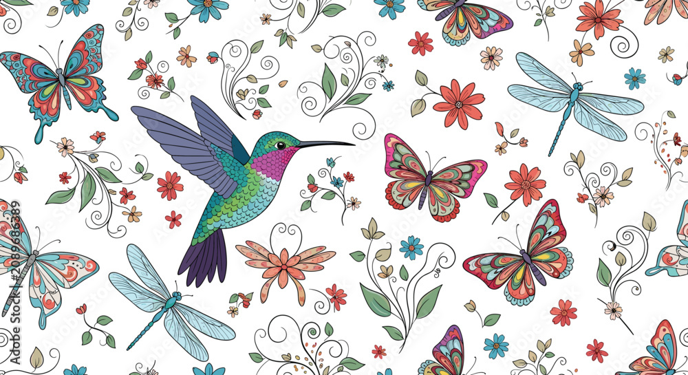 Fototapeta premium Seamless pattern featuring a vibrant hummingbird, colorful butterflies, dragonflies, and delicate floral doodles on a white background.
