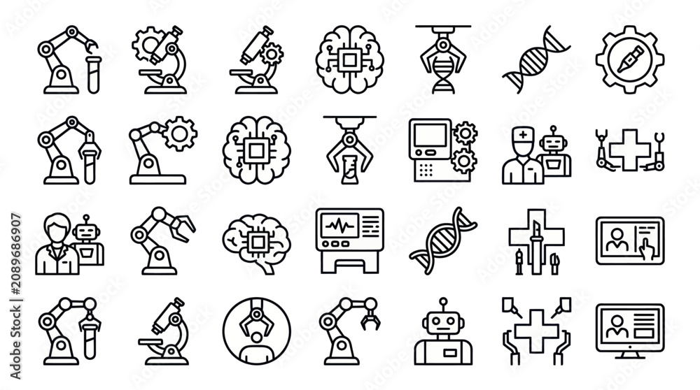 Fototapeta premium Biotechnology and robotic laboratory science line icons.