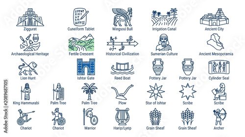 Photos Ancient Mesopotamian and Sumerian civilization historical line icons