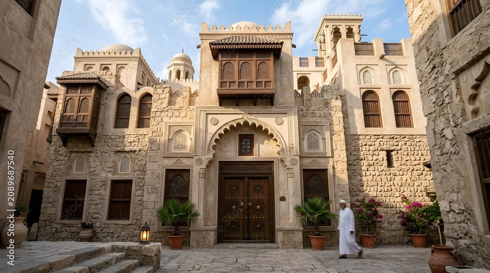 Obraz premium Traditional Arabic Architecture, Man Walking in Old Courtyard, Middle Eastern City