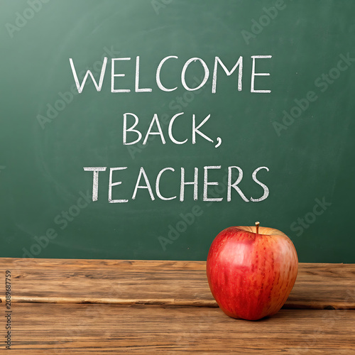 Welcome back teachers text on chalkboard with red apple