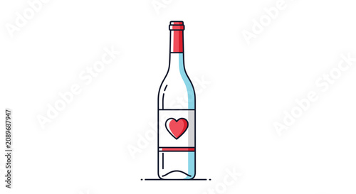 Minimalist wine bottle illustration with a red heart on the label representing romantic celebration, love, or special dinner dates.
