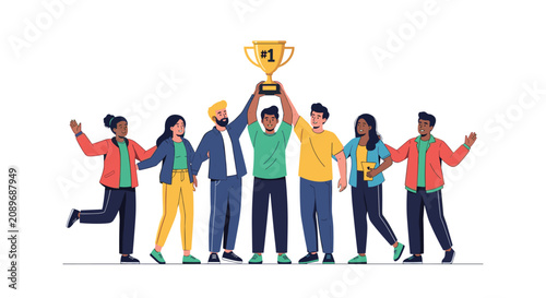 Diverse group of young people cheering and holding up a gold trophy for winning first place in a team competition or project.