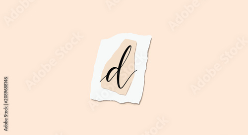 Calligraphy letter d written in black ink on a torn piece of white paper over a soft peach background for elegant monogram design.