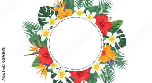 Circular tropical flower frame with colorful hibiscus plumeria and bird of paradise flowers surrounding a blank white space for text.