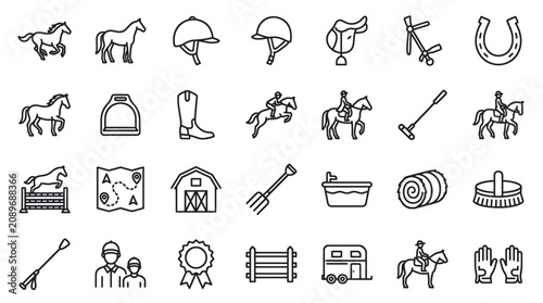 Принти на полотні Black line equestrian and horse riding icons set