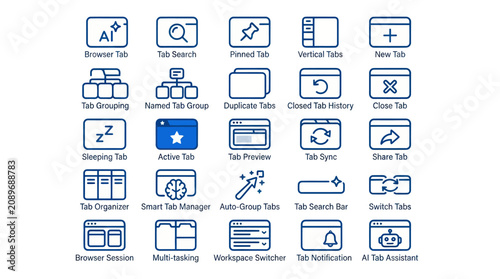 Browser tab navigation and management blue icons.