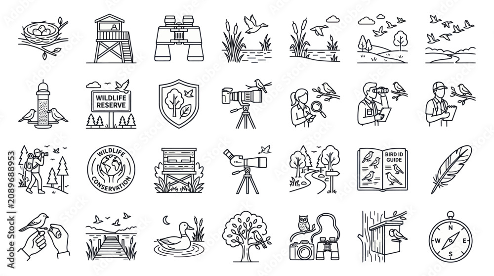 Obraz premium Birdwatching and nature observation wildlife line icon set.