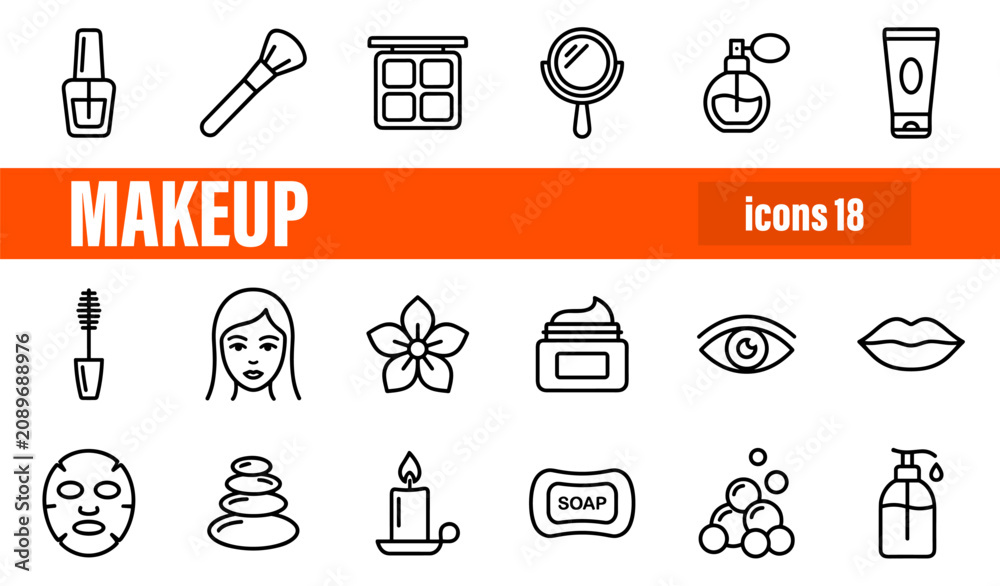 Fototapeta premium Set of 18 Makeup and Beauty Care Line Icons