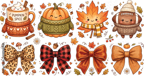 Cute autumn collection featuring cartoon pumpkin coffee mug maple leaf and football characters with decorative seasonal bows for fall themed scrapbooking and design