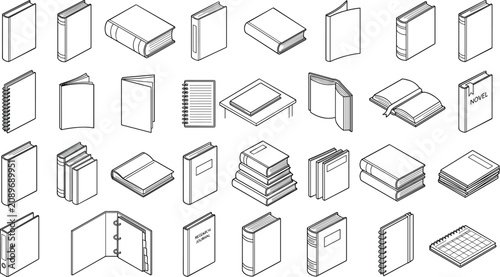 Fotografía Book and Notebook Line Art Vector Collection with Isometric Office and Education